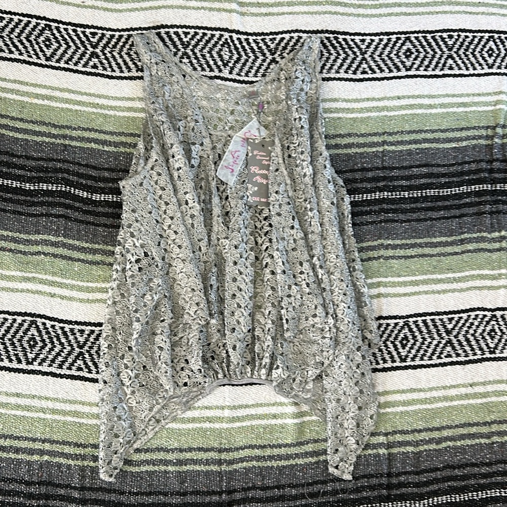 NWT pretty angel silver open front lacy vest asymmetrical hem